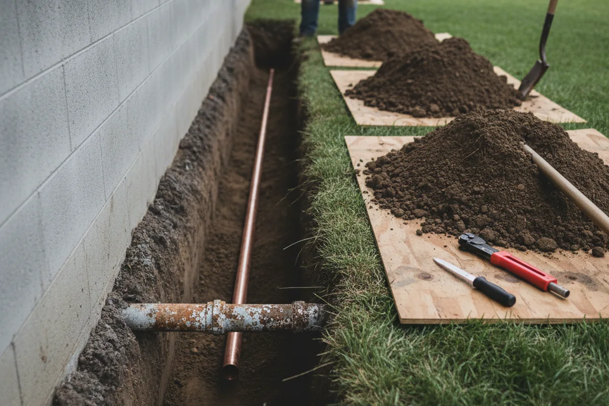 Excavated water line trench during Water Softener Installation in Orange